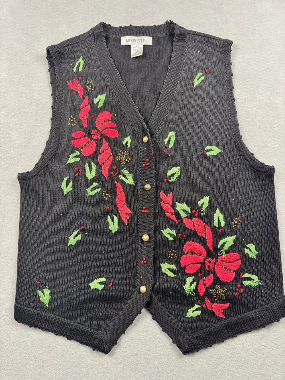 Arrivste Christmas Sweater Vest Womens Large Black Cottagecore Grandmacore Holly